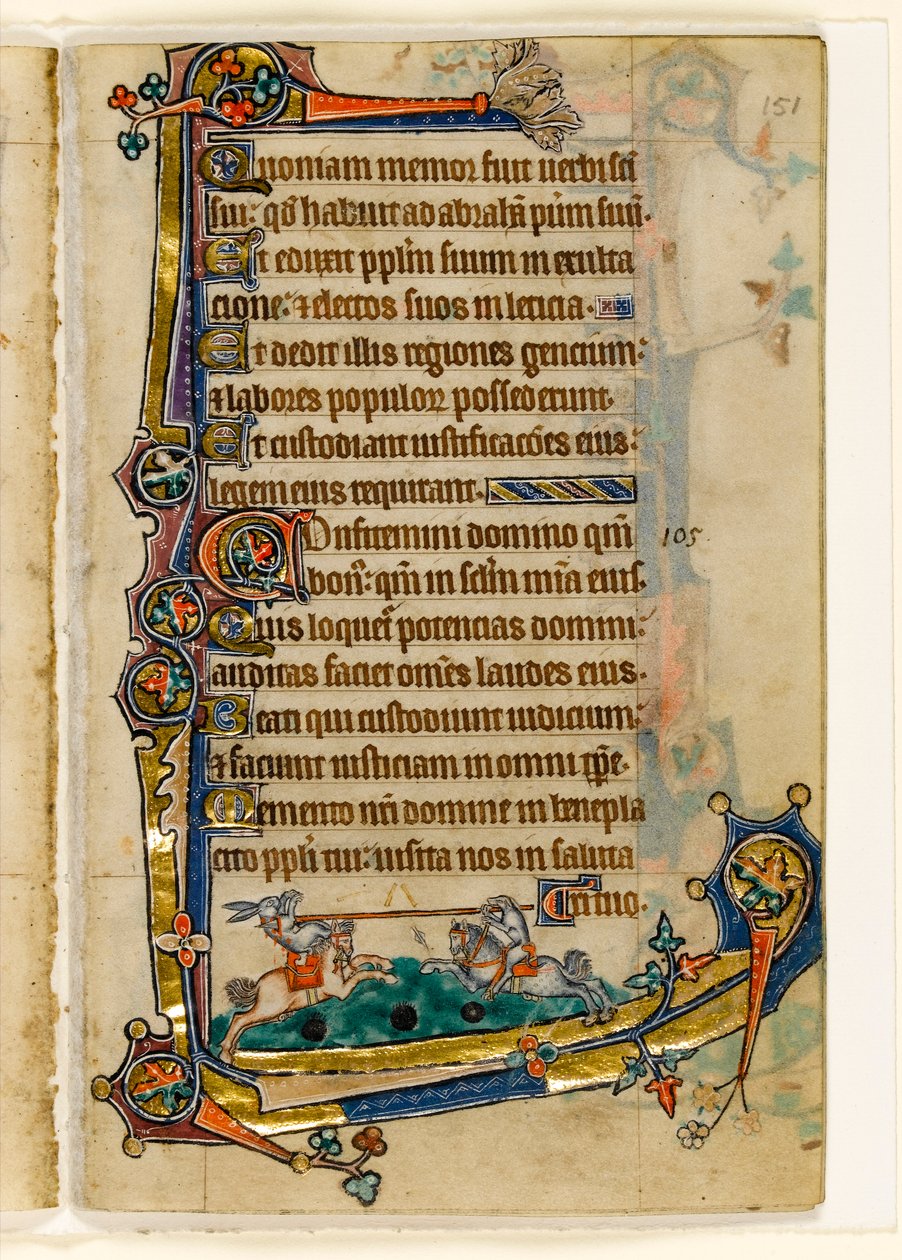 Un sabueso y un conejo justando, decoración marginal del Salterio de Macclesfield, Uso de Sarum, East Anglia, c.1330 de English School