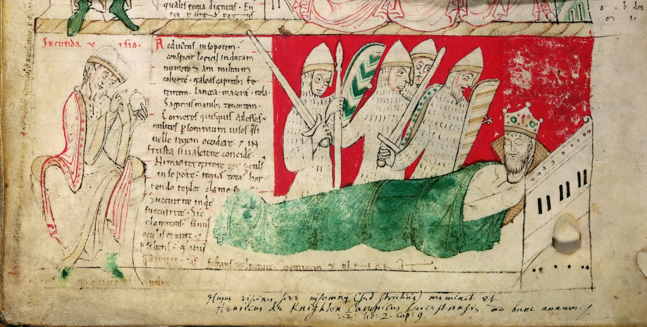 MS CCC 157 p.382 Las visiones soñadas por el rey Enrique I en Normandía en 1130, insertadas c.1140 por Juan de Worcester en la crónica iniciada por Florencia de Worcester (m.1118) c.1130-40 (pergamino) (detalle de 95503) de English School