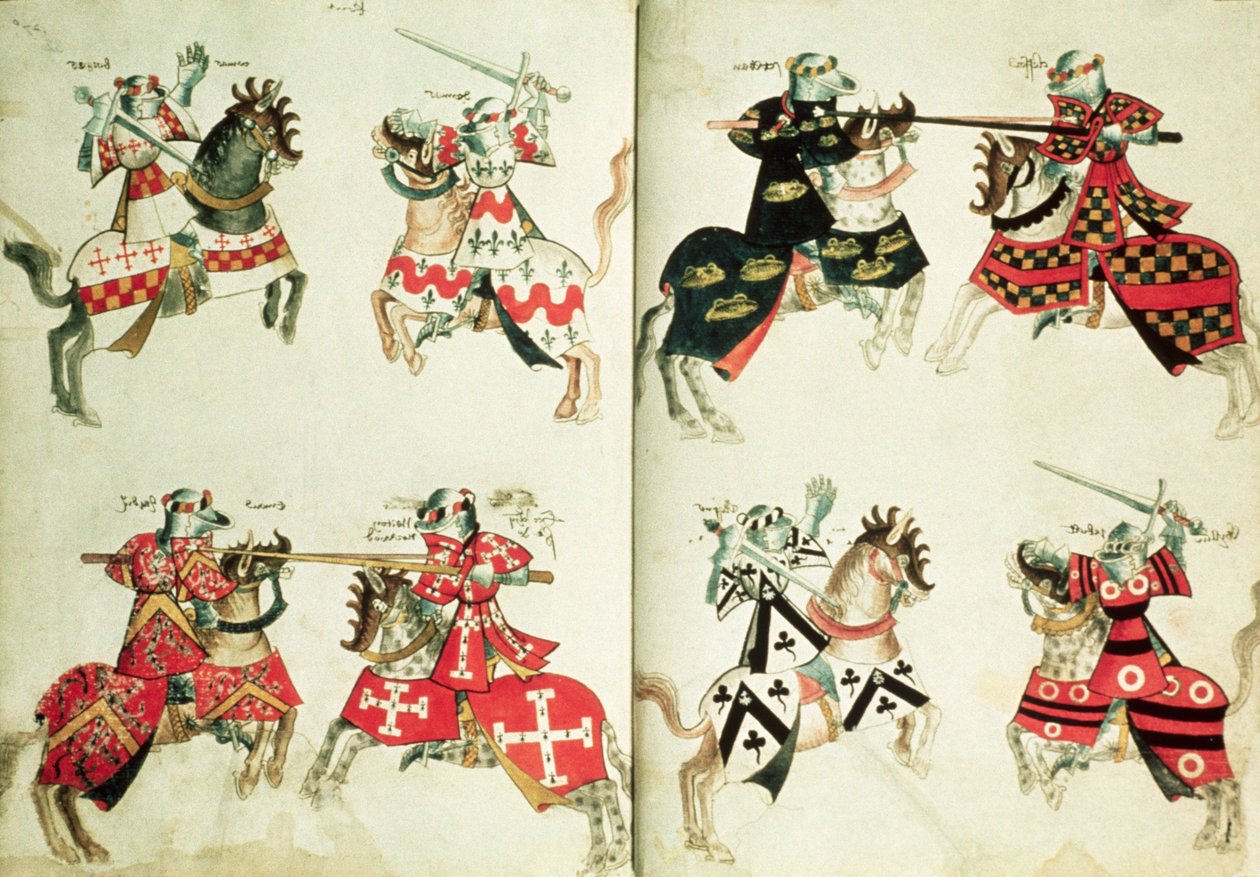 MS Harley 4205 fol.31v-32 Caballeros justando mostrando emblemas heráldicos (vitela) de English School