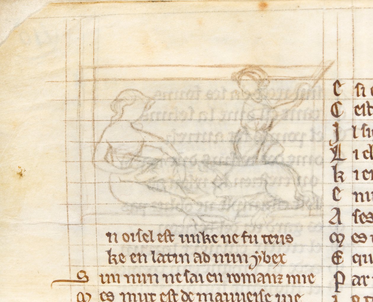 MS McClean 123 f.40v Dibujo subyacente para una miniatura que muestra a un cazador atrapando un unicornio acostado desnudo en el regazo de una virgen, del 