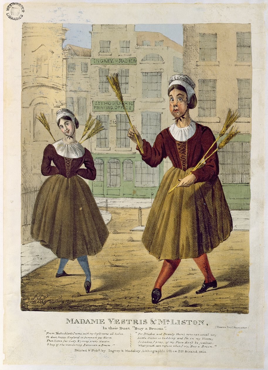 Madame Vestris y el Sr. Liston en su Dúo Compra una Escoba, pub. por Ingrey & Madeley, 1826 de English School