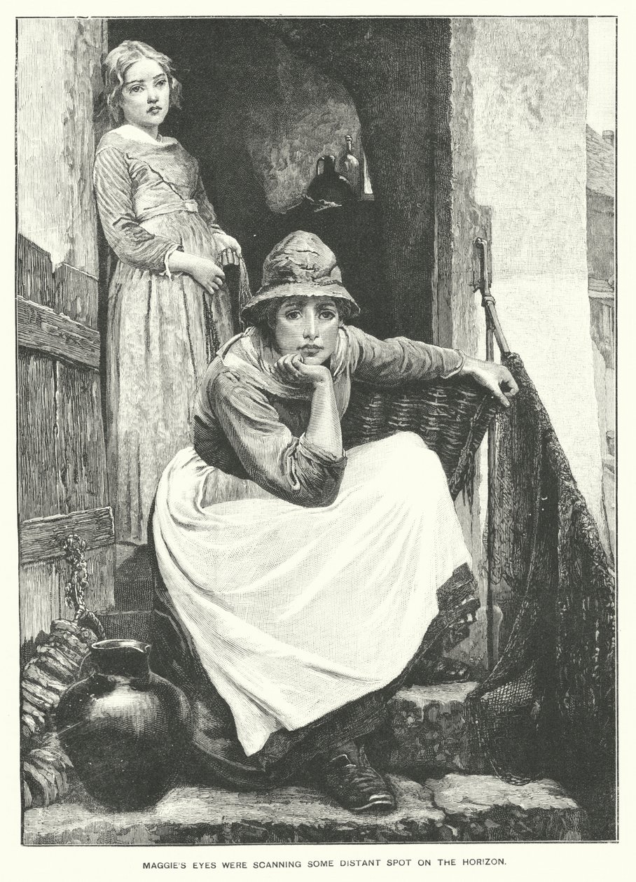 Los ojos de Maggie escudriñaban algún punto distante en el horizonte (grabado) de English School