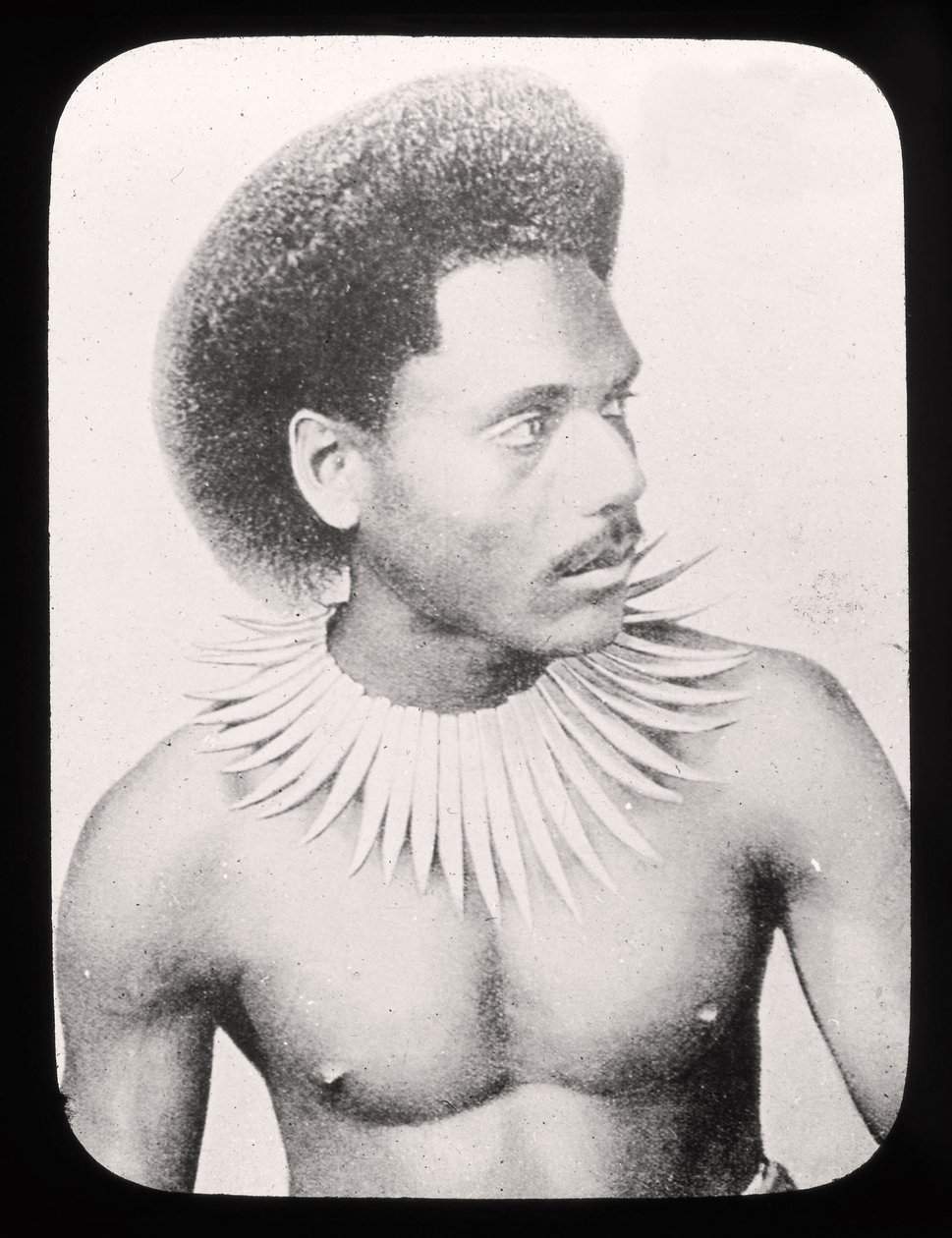 Diapositiva de linterna mágica mostrando a un jefe fiyiano con traje tradicional c.1900 de English School