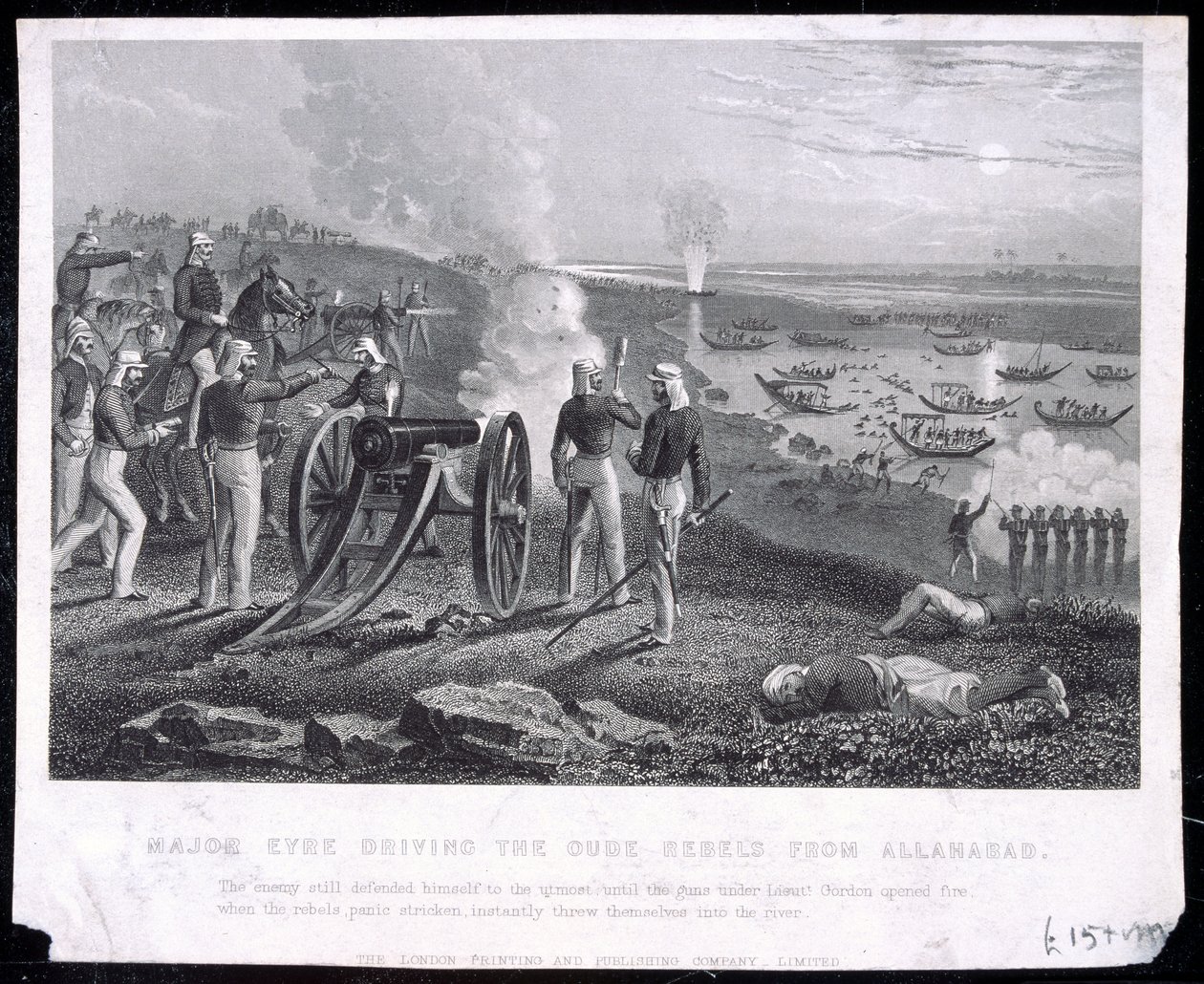 El Mayor Eyre expulsando a los Rebeldes de Oude de Allahabad, publicado por The London Printing and Publishing Company Limited, 1857 de English School