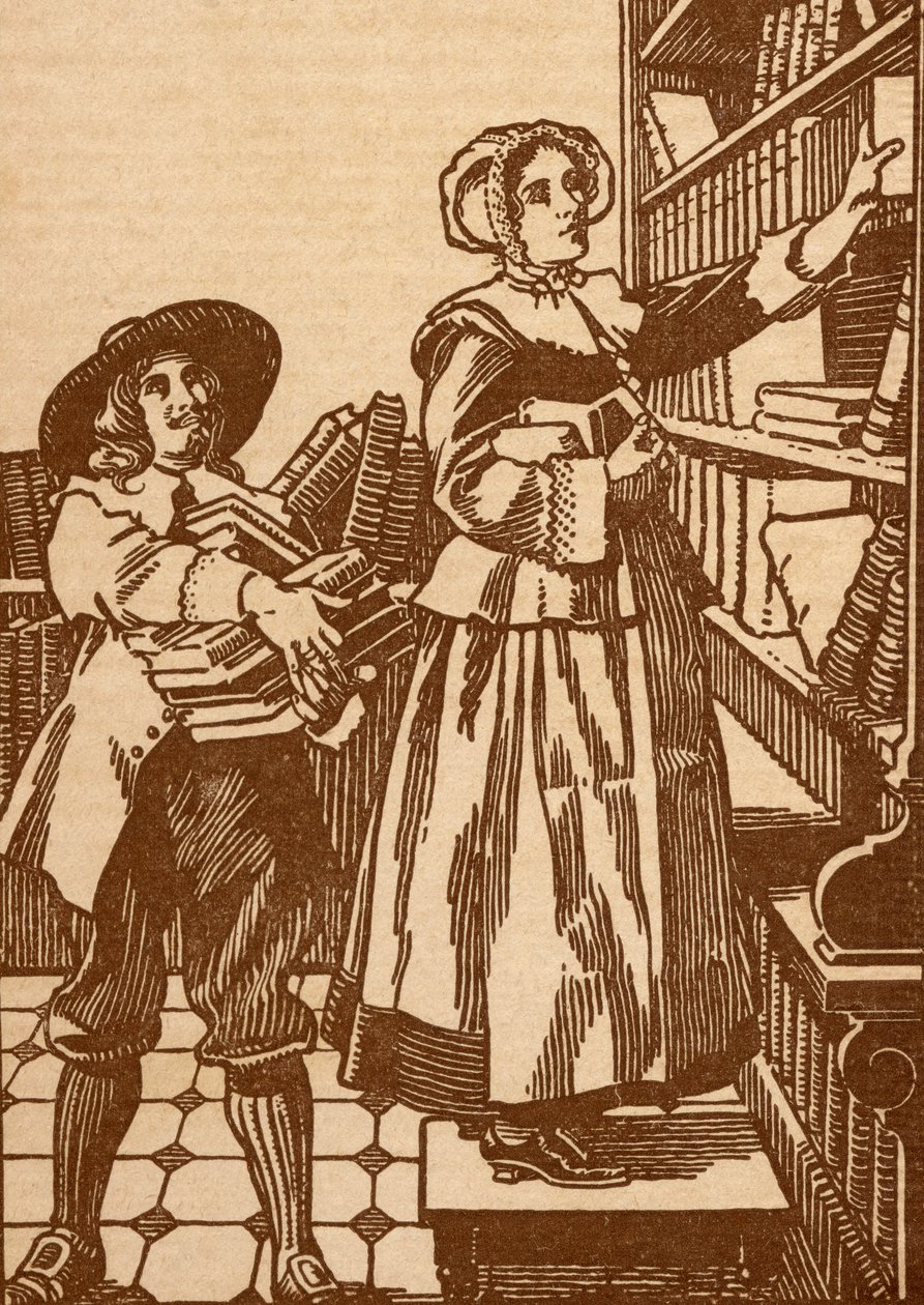 Libreros masculinos y femeninos trabajando en una librería del siglo XVII de English School
