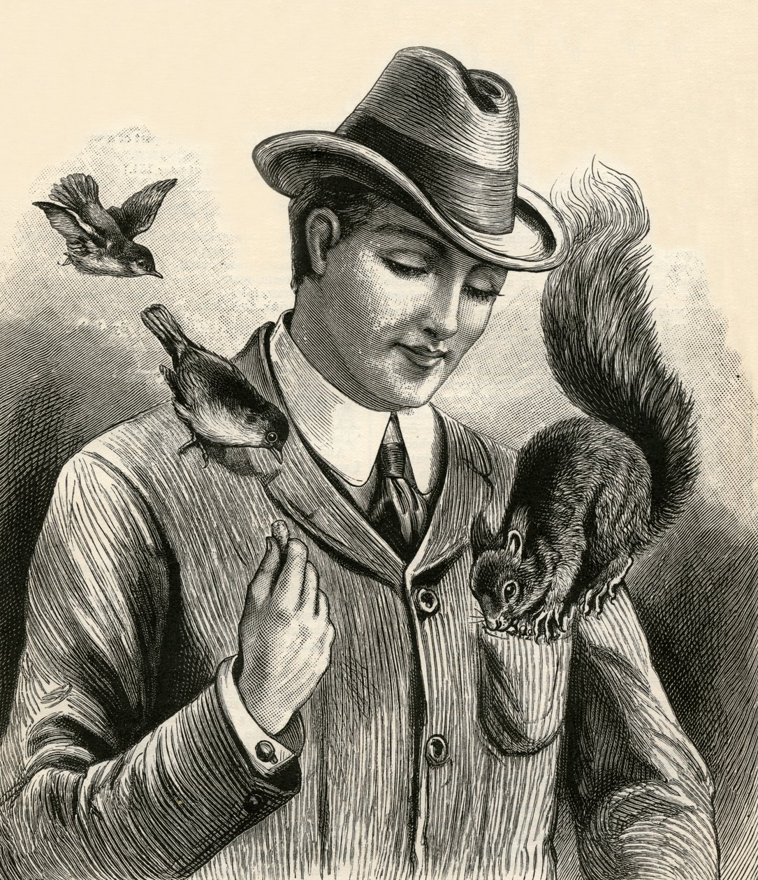 Hombre alimentando a una ardilla y a los pájaros de English School