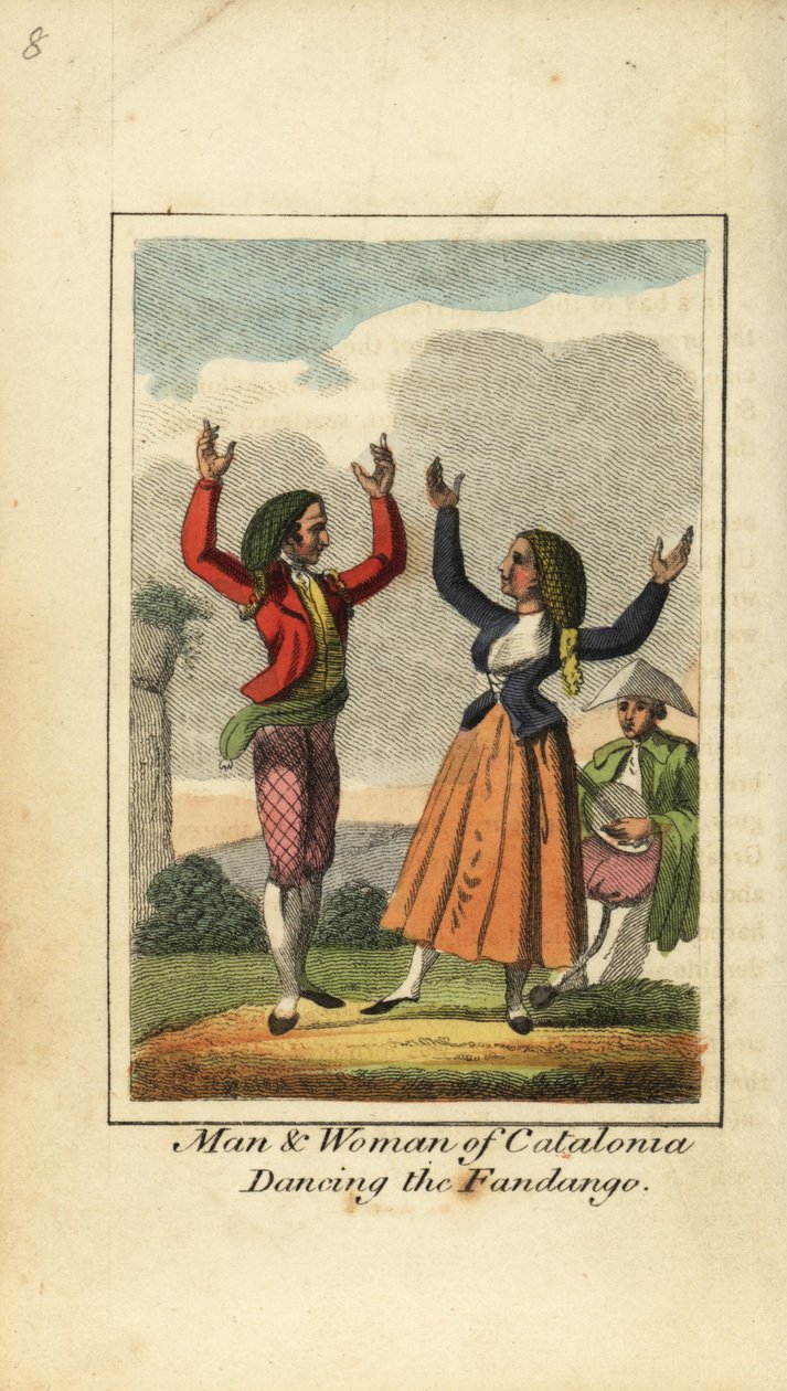 Hombre y mujer de Cataluña bailando el fandango de English School
