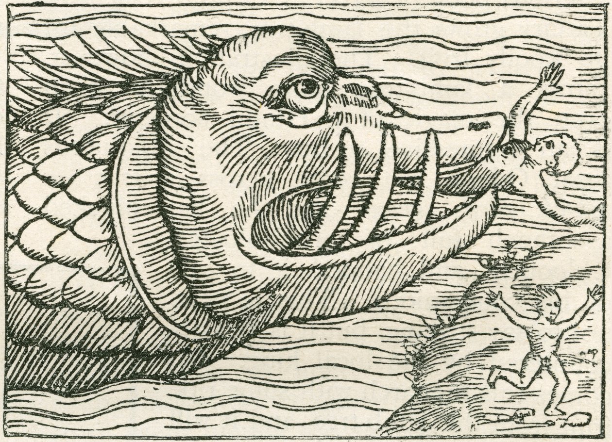 Hombre devorado por una serpiente marina. Ilustración encontrada en el margen de un mapa preparado por Olaus Magnus de English School