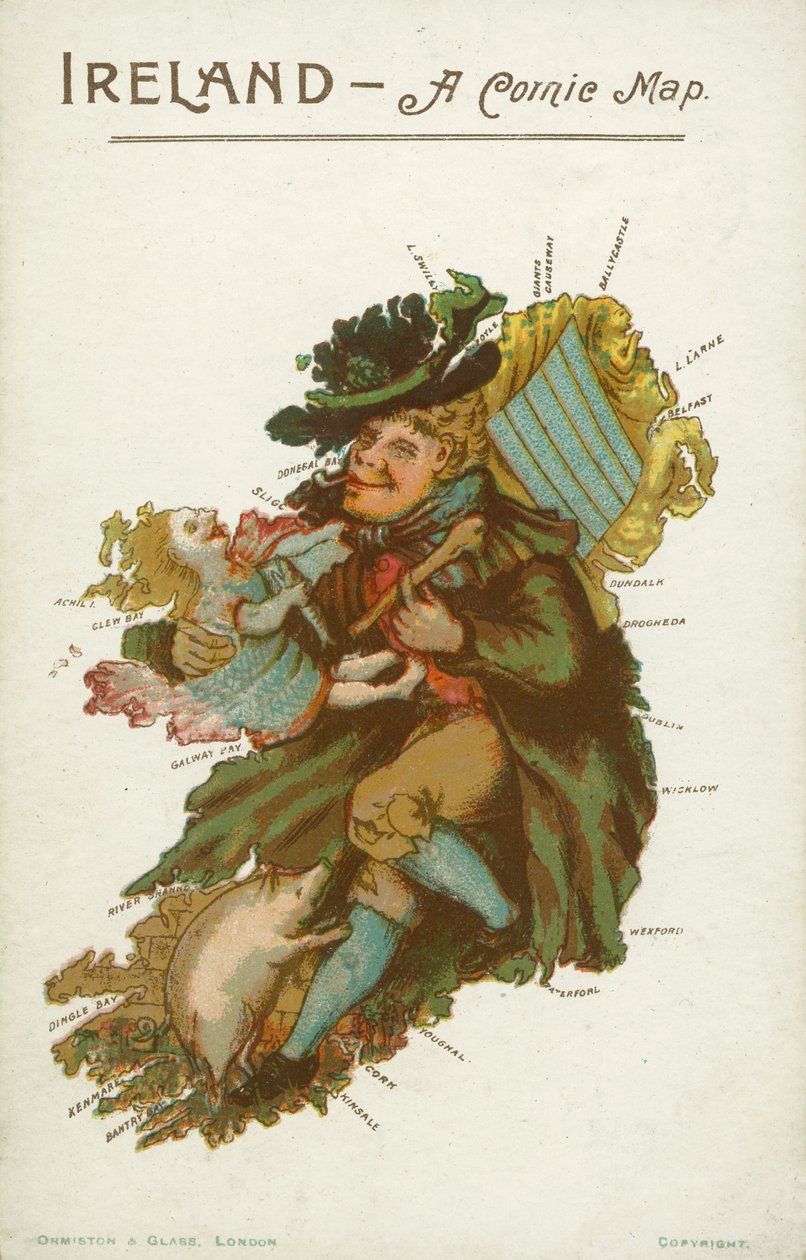 Hombre, niño y cerdo en forma de mapa de Irlanda (litografía en color) de English School