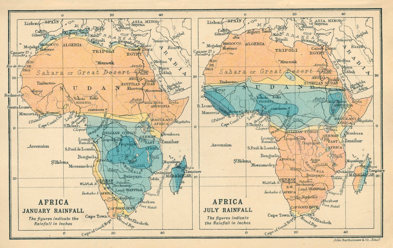 Mapa: África, precipitaciones en enero, precipitaciones en julio (litografía en color) de English School