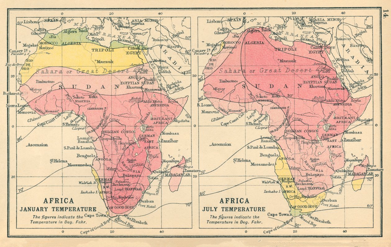 Mapa: África, temperatura en enero, temperatura en julio (litografía en color) de English School