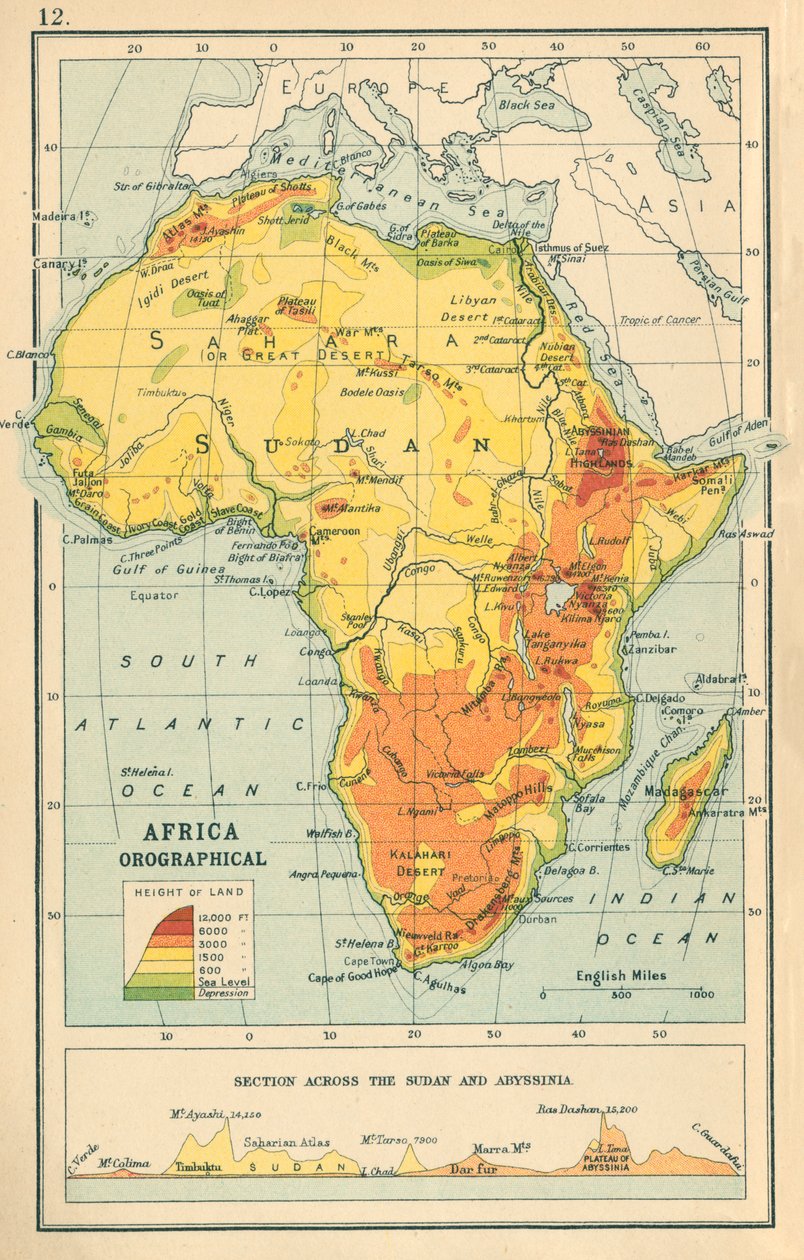Mapa: África Orográfica (litografía en color) de English School