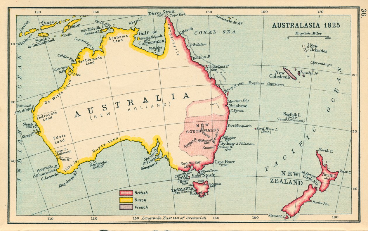 Mapa: Australasia 1825 (litografía en color) de English School