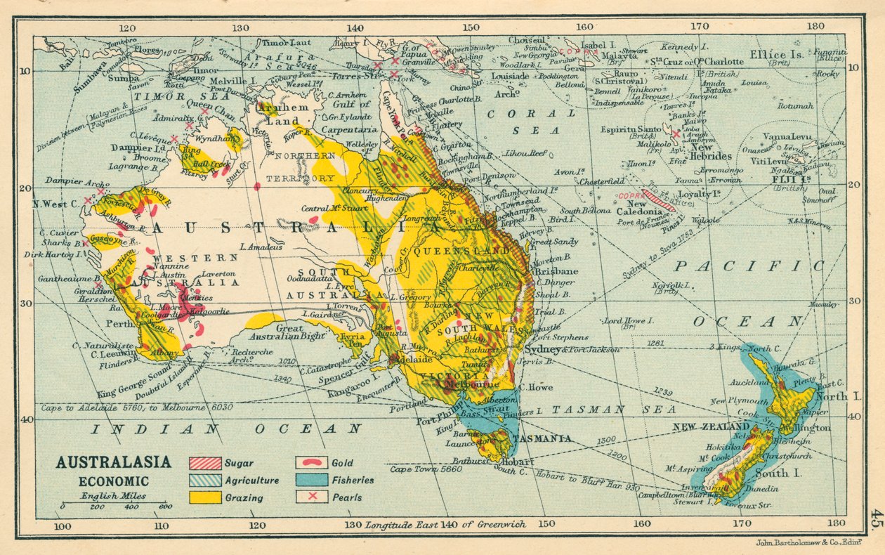 Mapa: Australasia, Económico (litografía en color) de English School