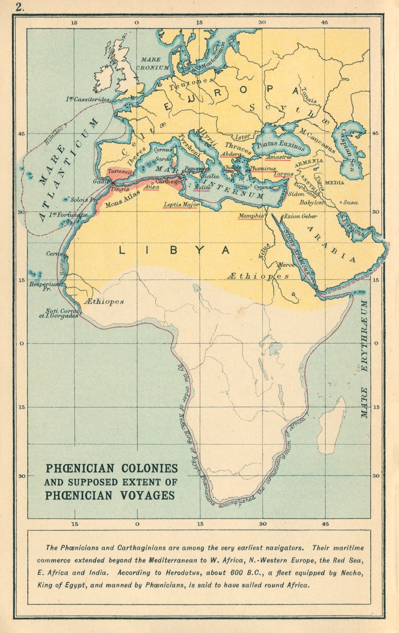 Mapa: Colonias fenicias y supuesta extensión de los viajes fenicios (litografía en color) de English School