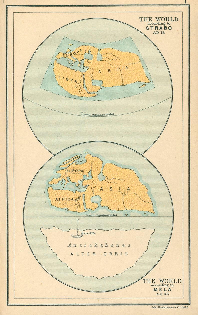 Mapa: El mundo según Estrabón 18 d.C., Mela 43 d.C. (litografía en color) de English School