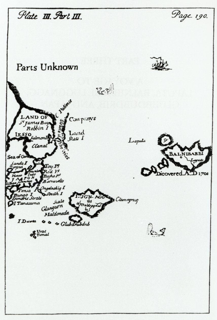 Mapa de Los Viajes de Gulliver por Jonathan Swift (1667-1745) de English School