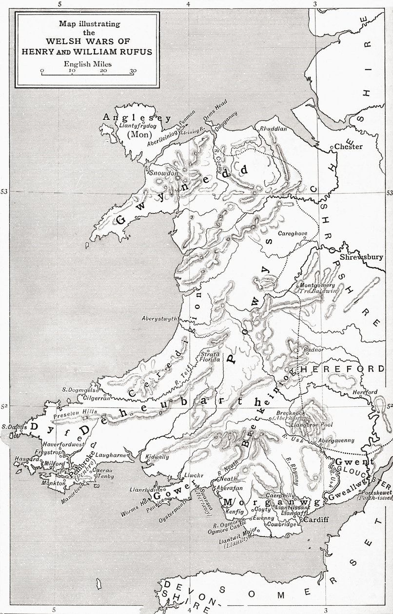 Mapa que ilustra las guerras galesas de Guillermo Rufus y Enrique I, de 