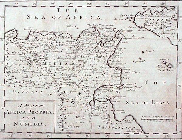 Mapa de África Propria y Numidia (Túnez y Argelia modernos) finales del siglo XVIII de English School