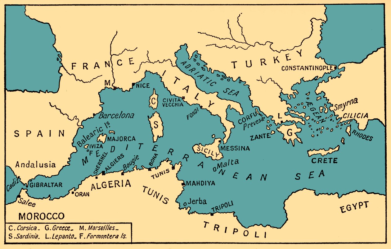Mapa de la piratería antigua y los corsarios de Berbería, de la "Historia de la piratería" de Philip Gosse de English School
