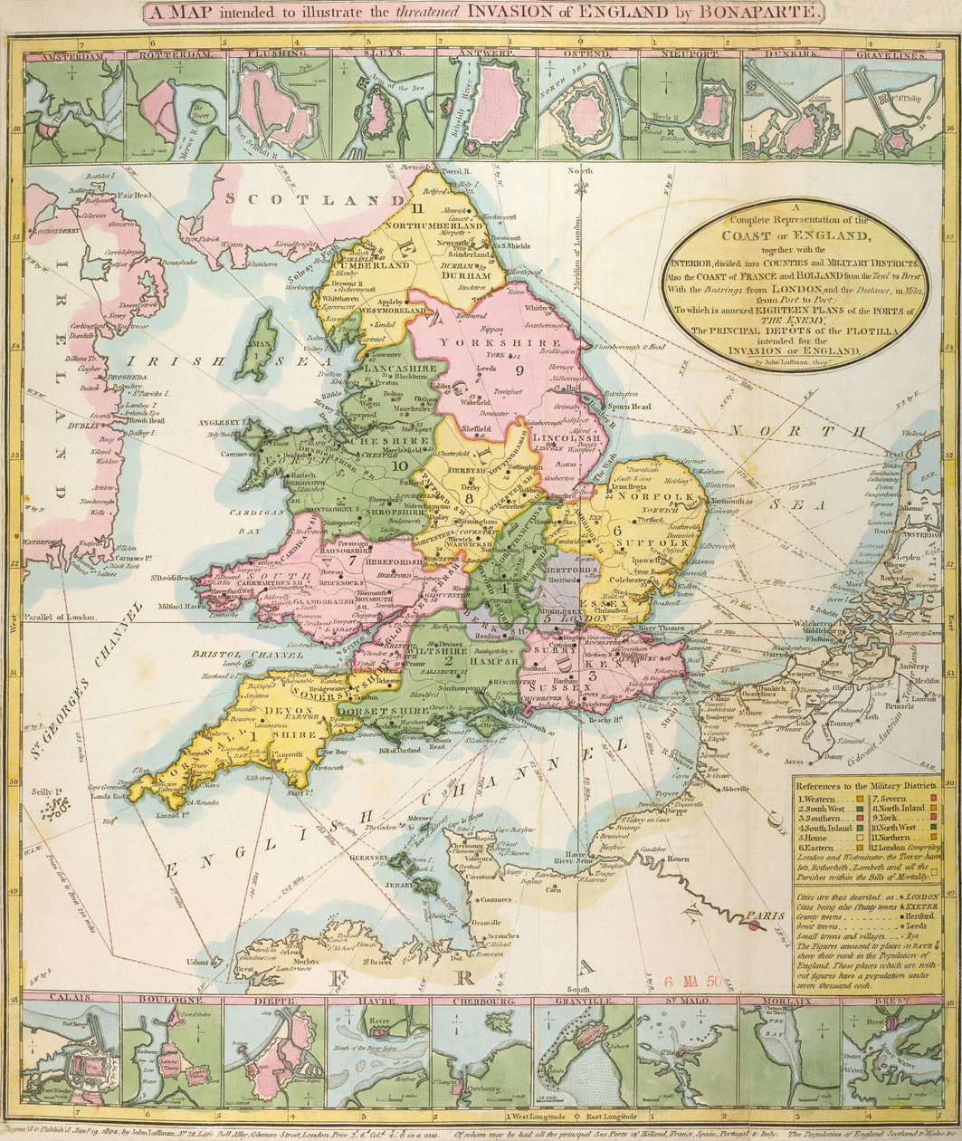 Mapa de Gran Bretaña, que ilustra la amenaza de invasión de Napoleón Bonaparte (1769-1821) 1803 (litografia en color) de English School