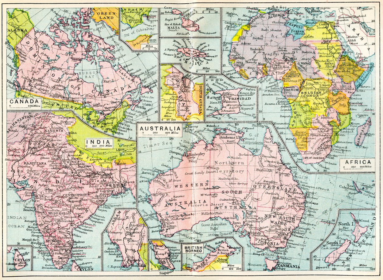 Mapa de las posesiones británicas en 1914 al inicio de la Primera Guerra Mundial, de The British Empire Universities Modern English Illustrated Dictionary, pub. 1914 de English School