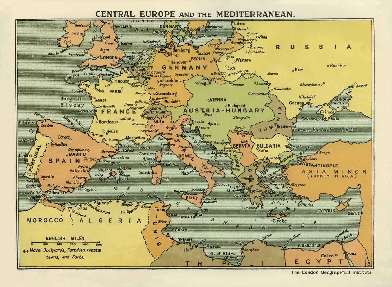 Mapa de Europa Central y el Mediterráneo, extraído de "The History of the Great European War, Vol. III" (impreso) de English School