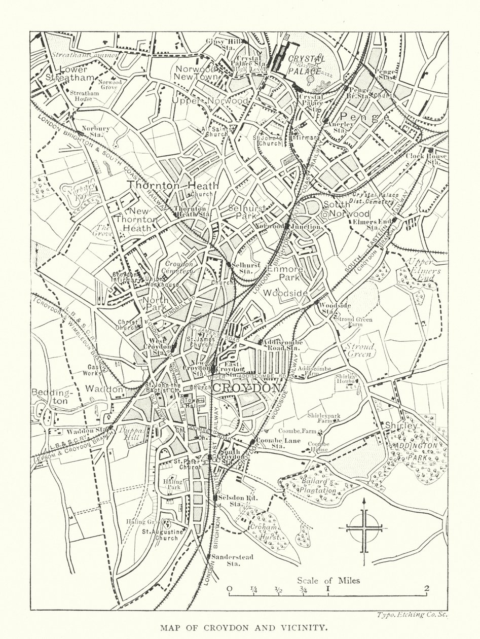 Mapa de Croydon y alrededores (grabado) de English School