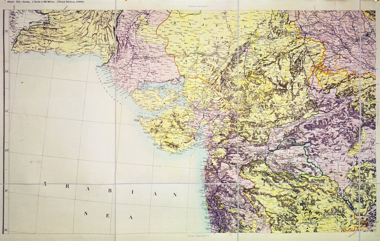 Mapa de Cutch y la Presidencia de Bombay, India, 1898 de English School