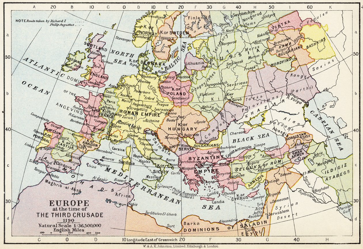 Mapa de Europa en la época de la Tercera Cruzada, 1190, de 