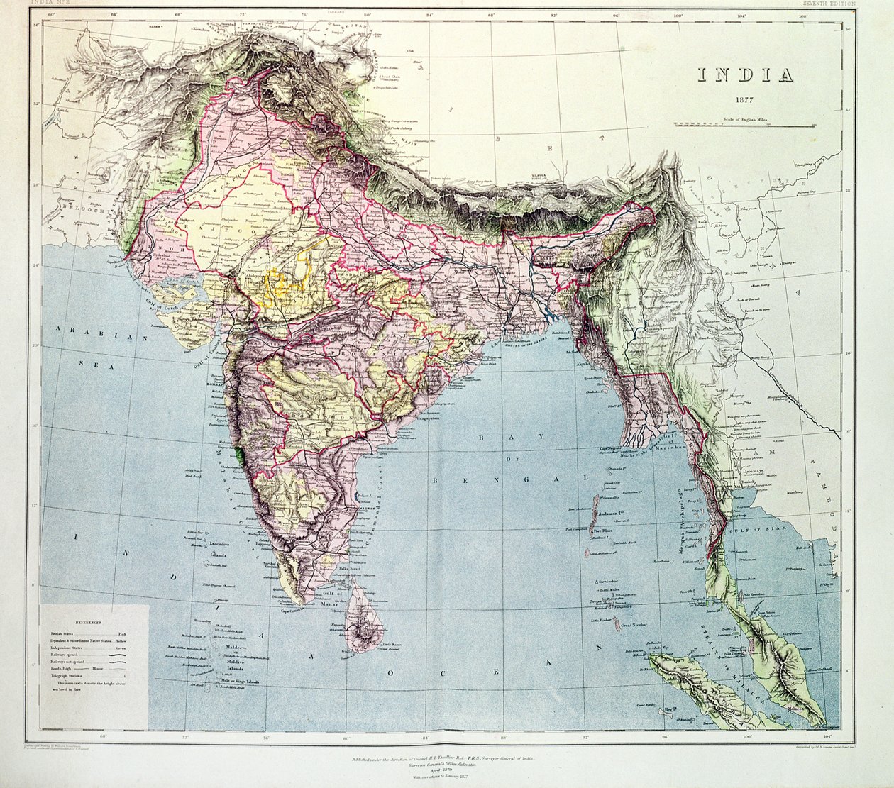 Mapa de la India, publicado bajo la dirección del Coronel H.R. Thuillier, R.E., Agrimensor General de la India, 1877 de English School