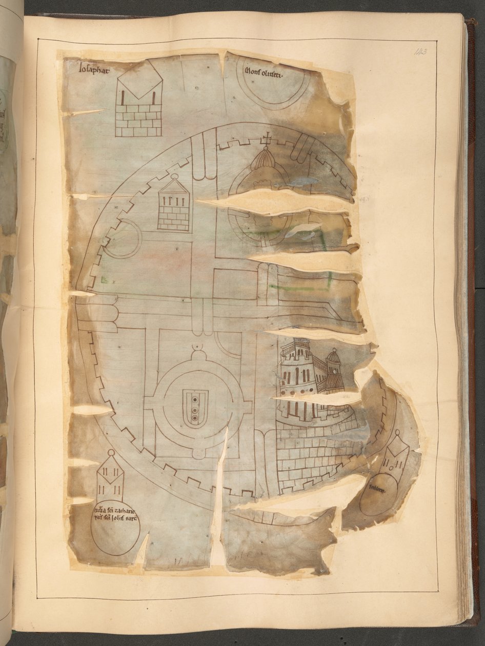 Mapa de Jerusalén, de la "Crónica de Winchcombe", MS Cotton Tiberius E. IV, fol.143r (vitela) de English School