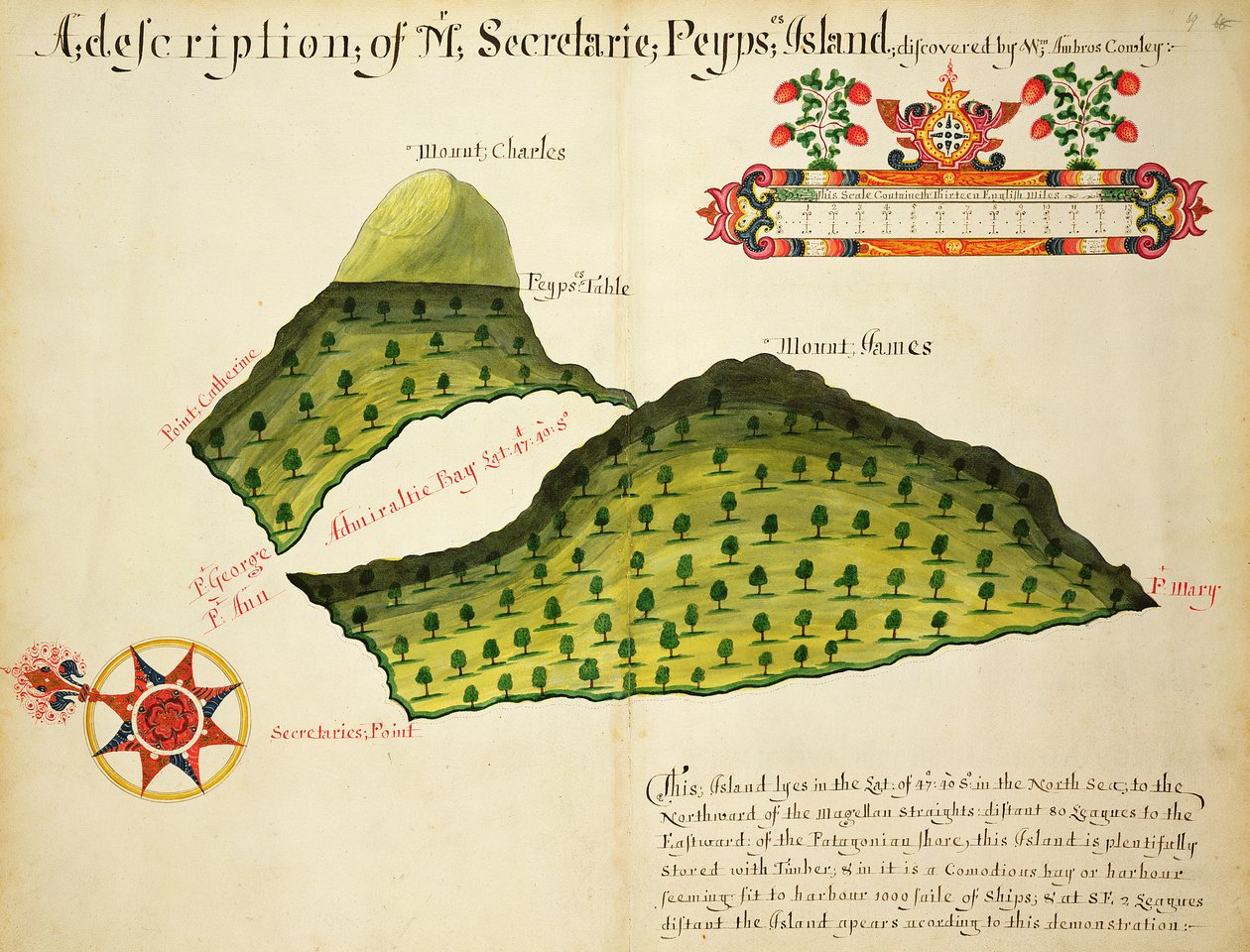 Mapa de las Islas Secretaire y Pepys en el Estrecho de Magallanes, c.1628 (pluma, tinta y acuarela sobre papel) de English School
