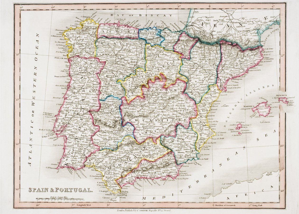 Mapa de España y Portugal, de 
