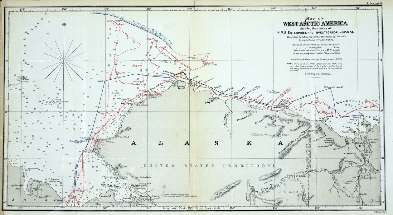 Mapa del Ártico Occidental de América mostrando las rutas del HMS Enterprise y el Investigator en 1850-1854 de English School