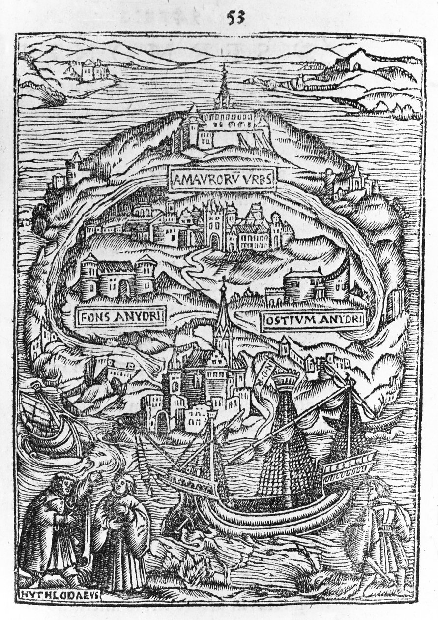 Mapa de la isla de Utopía, frontispicio del libro, 1563 de English School