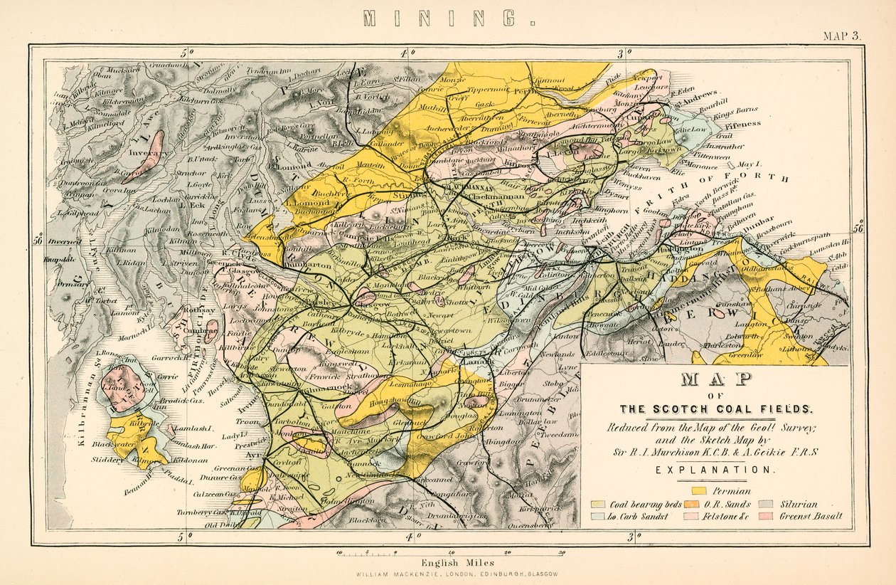 Mapa de los yacimientos de carbón escoceses (litografía en color) de English School