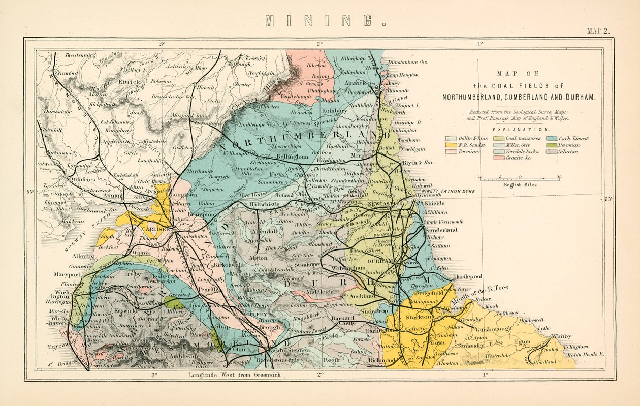 Mapa de los yacimientos de carbón de Northumberland, Cumberland y Durham (litografía en color) de English School