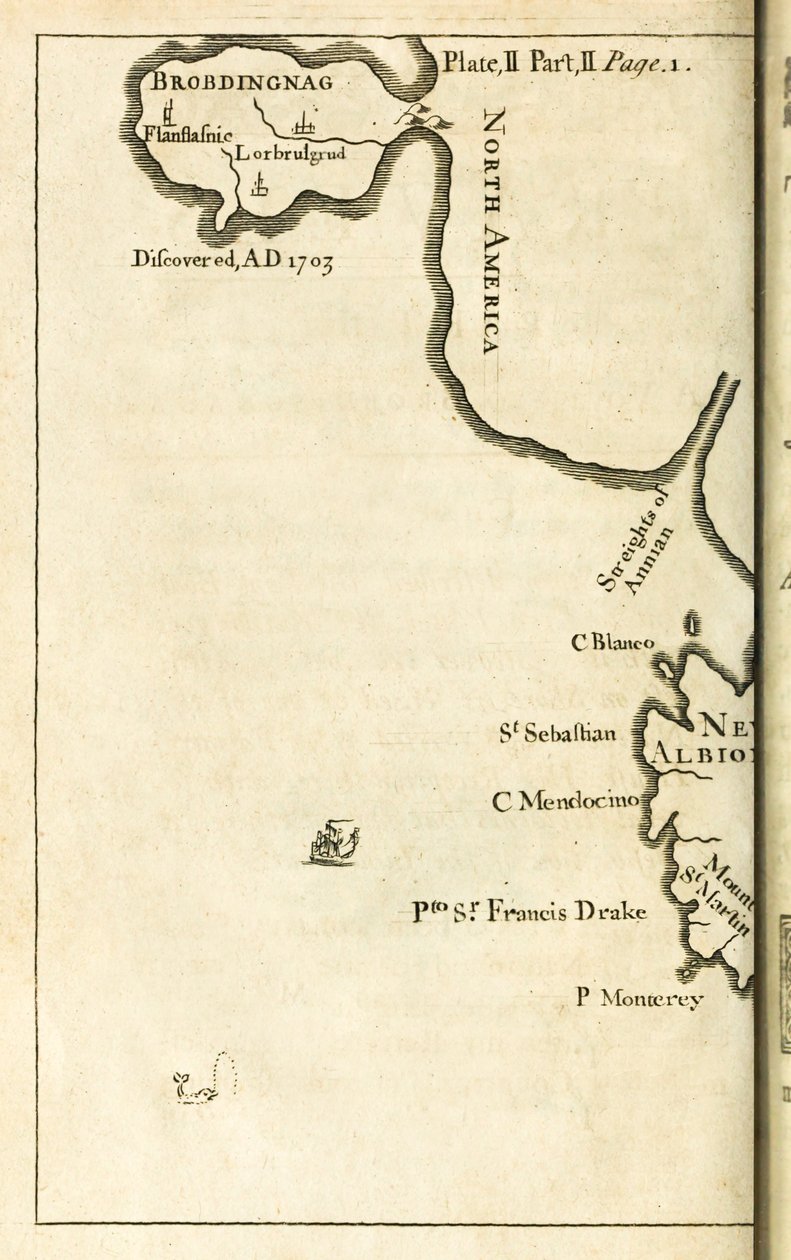 Mapa que muestra la ubicación de Brobdingnag de la primera edición de Los viajes de Gulliver de Jonathan Swift de English School