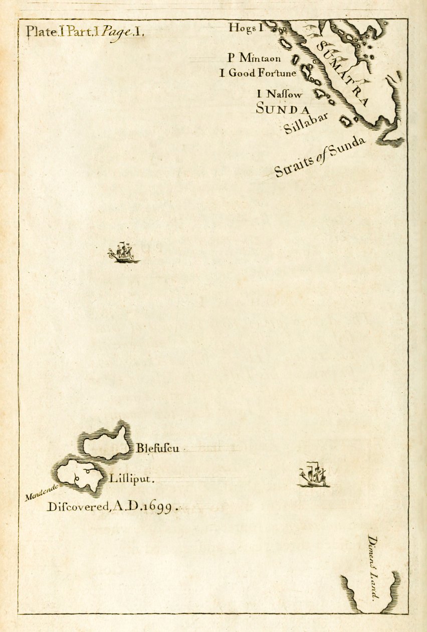 Mapa que muestra la ubicación de Lilliput de la primera edición de Viajes a varias naciones remotas del mundo, más conocido como Los viajes de Gulliver por Jonathan Swift de English School