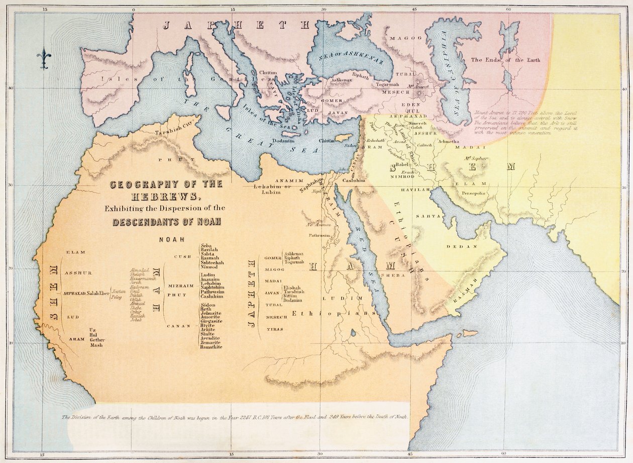 Mapa que muestra la geografía de los hebreos y la dispersión de los descendientes de Noé de English School