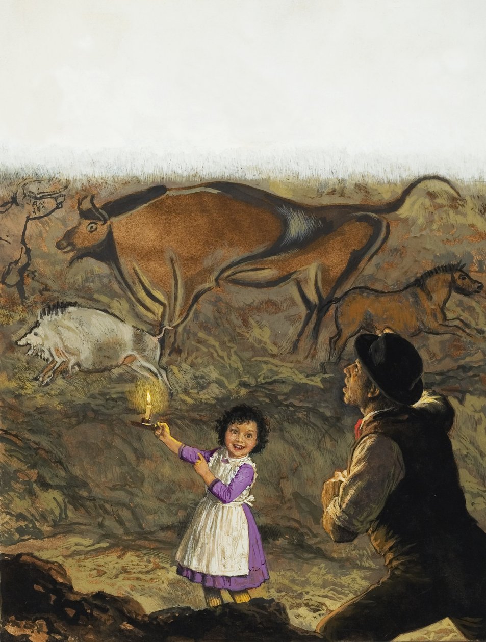 Marcelino Sanz de Sautuola (1831-88) y su hija María descubren las pinturas rupestres de Altamira (gouache sobre papel) de English School