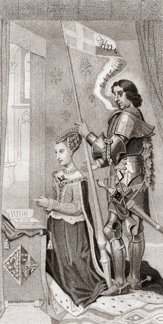 Margarita de Dinamarca con San Canuto, patrón de Dinamarca, detrás sosteniendo un estandarte con la cruz de las cruzadas. Margarita de Dinamarca de English School