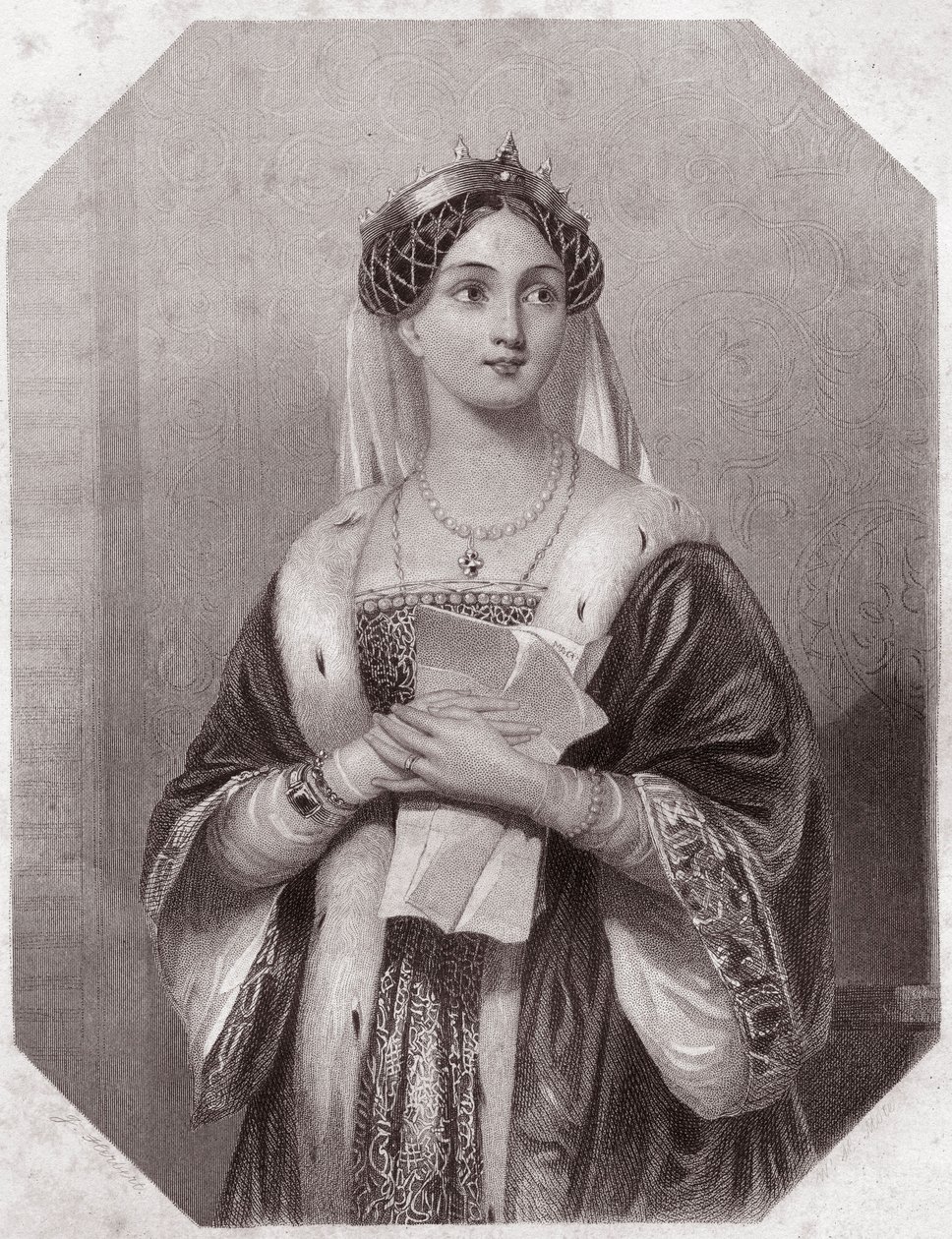 Margarita de Anjou (1430-1482) (Enrique VI tragedia en 5 actos) - de la Galería de mujeres de Shakespeare, colección de cuarenta y cinco retratos serios por los primeros artistas de Londres, enriquecidos con avisos críticos y literarios, circa 1838 de English School