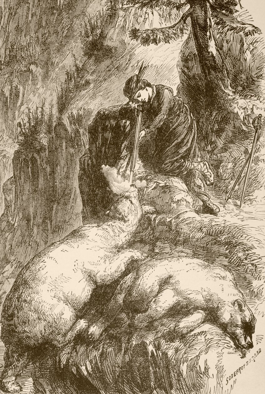 Margarita de Roberval dispara a dos osos en la Isla de los Demonios, frente a Terranova (litografía) de English School
