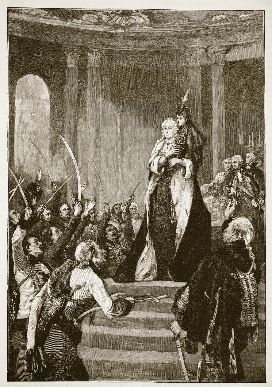 María Teresa y el Parlamento Húngaro, ilustración de Cassells Illustrated History of England de English School