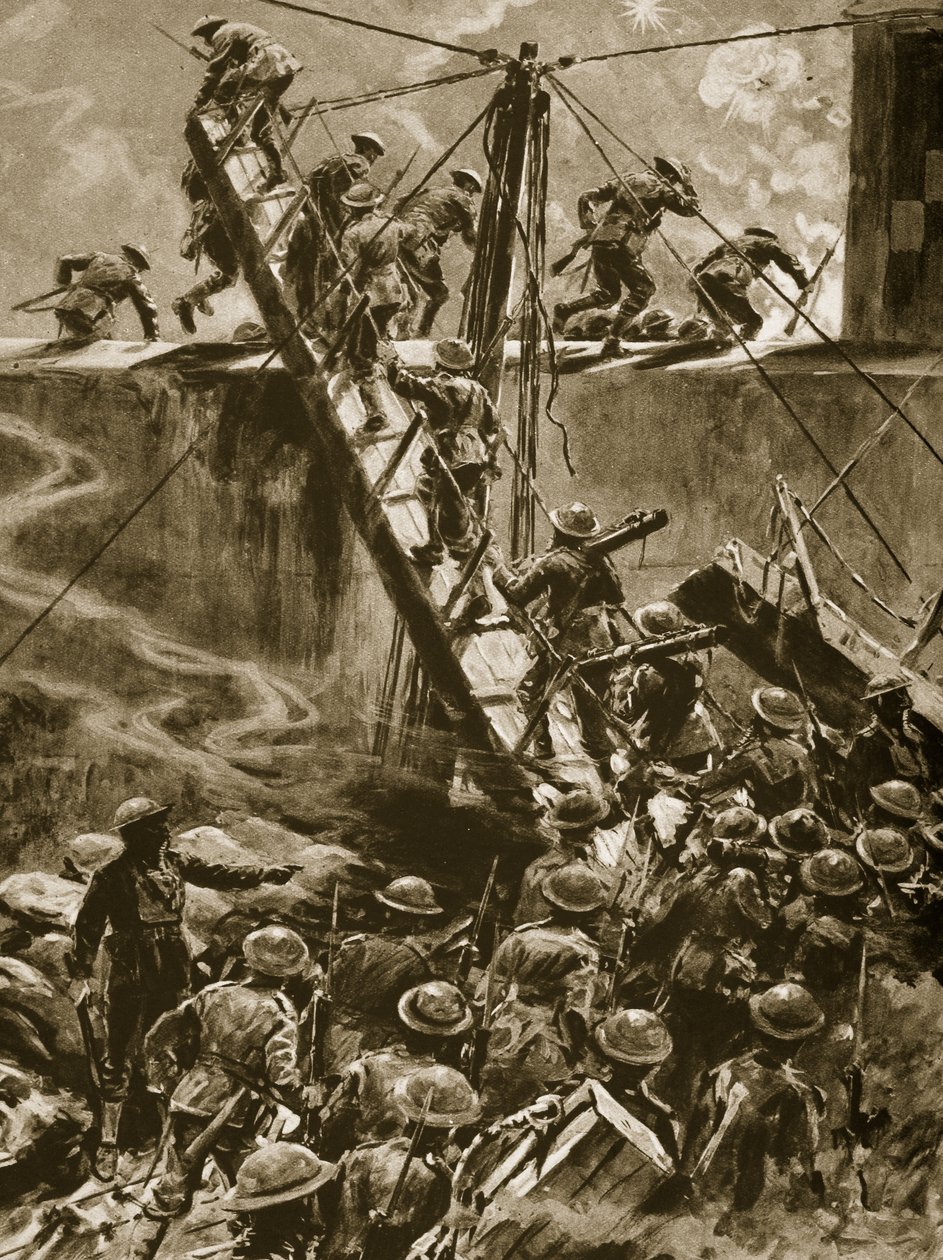 Marinos y marineros saltando en los pasillos desde el H.M.S. Vindictive, 1914-19 de English School
