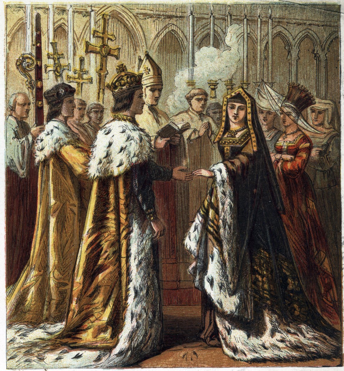 Matrimonio de Enrique VII, Rey de Inglaterra (1457-1509) con Isabel de York (1466-1503) el 18 de enero de 1486. Matrimonio de Enrique Séptimo e Isabel de York. cromolitografía en "Imágenes de la Historia Inglesa" publicada por George Routledge & Sons. 1890 de English School