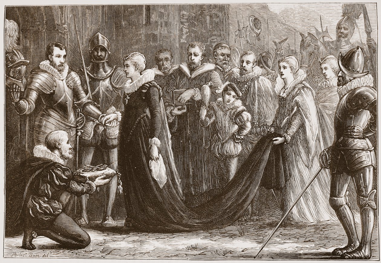 María Reina de Escocia entrando en Holyrood, ilustración de La Historia del Protestantismo de James Aitken Wylie, pub. 1878 de English School