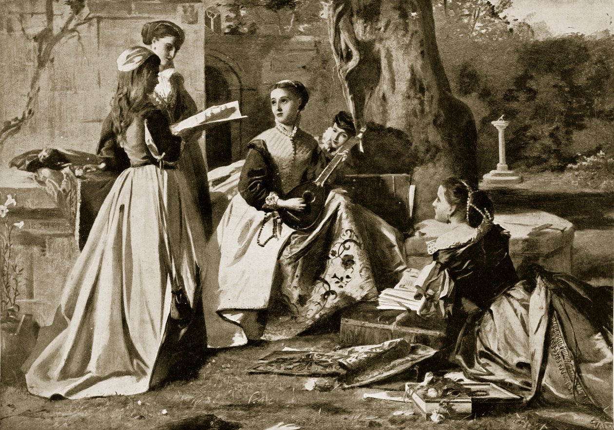 María Reina de Escocia en un jardín de convento, ilustración de la Historia de la Nación Británica de Hutchinson, c.1923 de English School